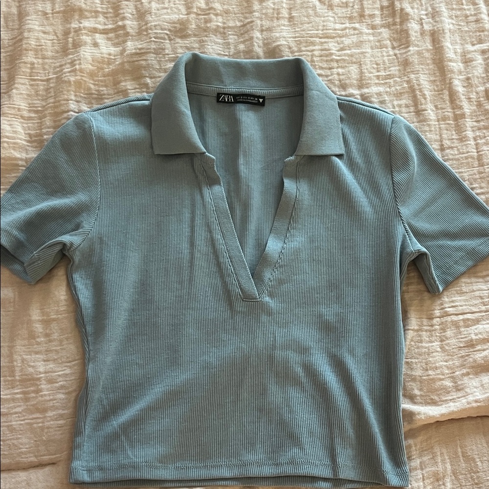 Zara Ribbed Polo Top in Light Blue